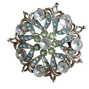 Vintage Rhinestone Floral Brooch Mid-Century Starburst Silver Toned Blue Green